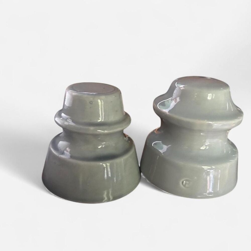 Set of 2 Vintage Grey Glazed Ceramic Electrical Insulators